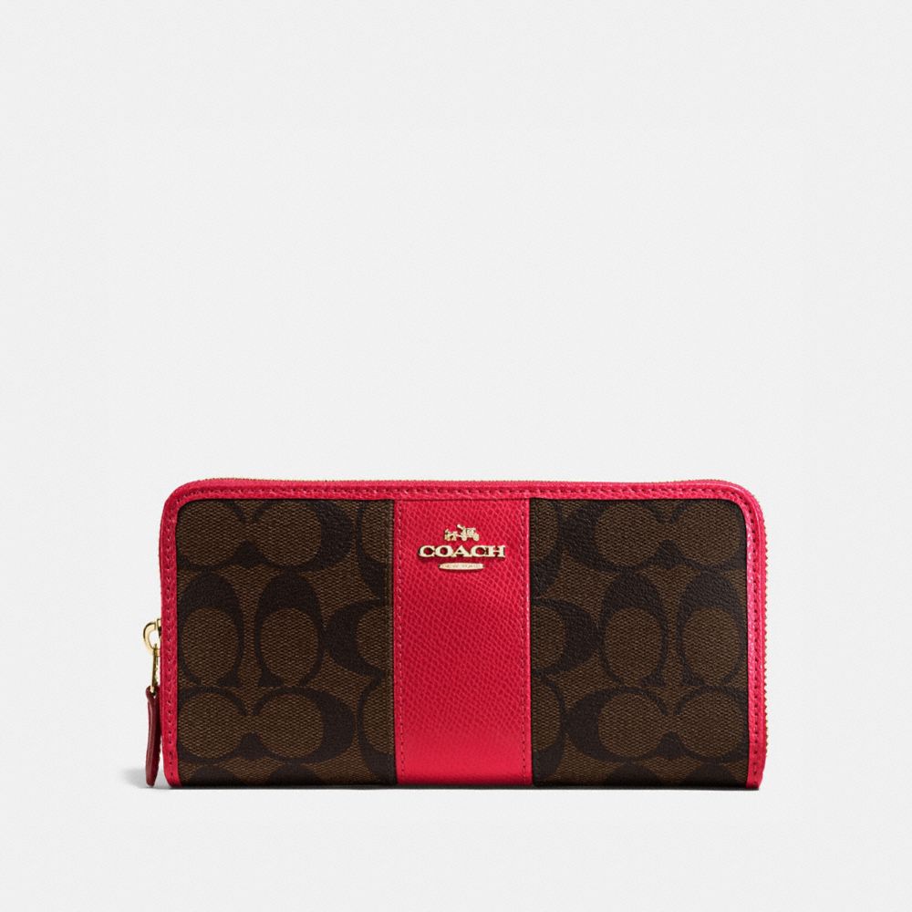 COACH ACCORDION ZIP WALLET IN SIGNATURE COATED CANVAS WITH LEATHER STRIPE - IMITATION GOLD/BROWN TRUE RED - f54630