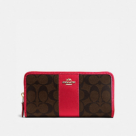 COACH ACCORDION ZIP WALLET IN SIGNATURE COATED CANVAS WITH LEATHER STRIPE - IMITATION GOLD/BROWN TRUE RED - f54630