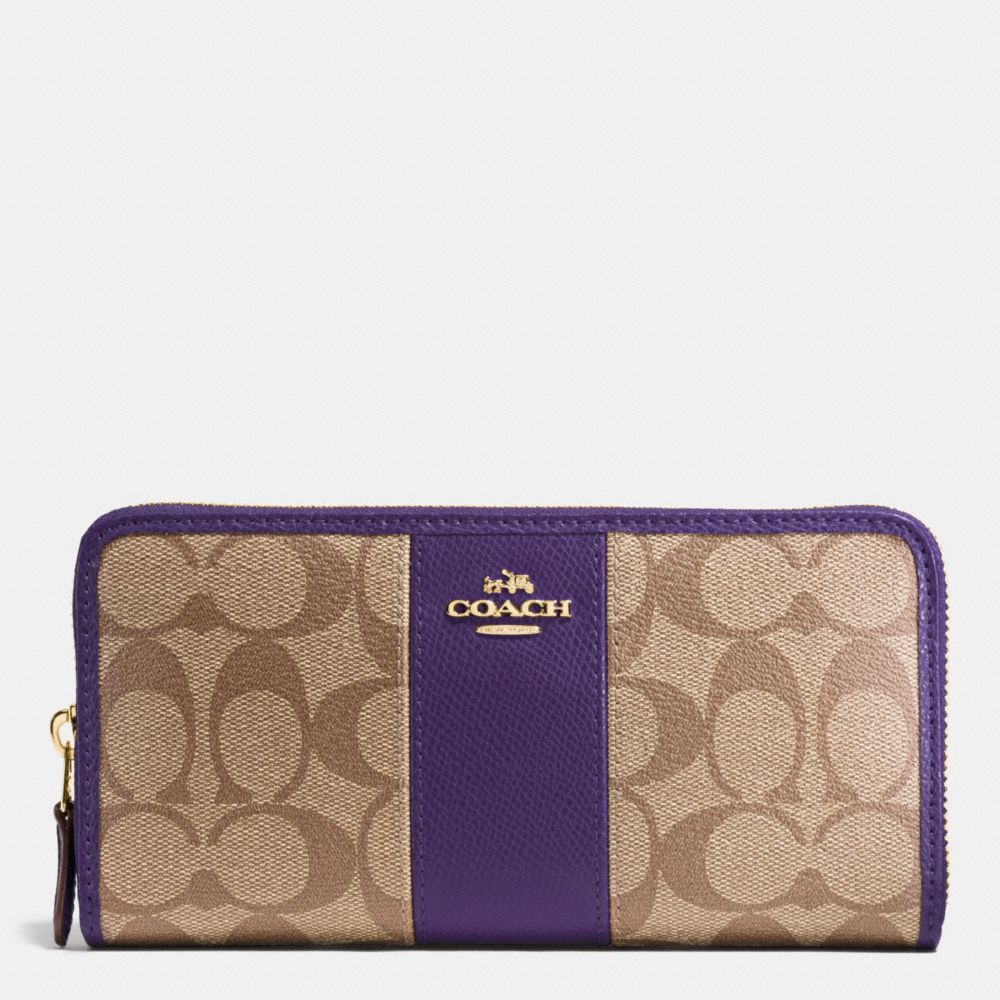 ACCORDION ZIP WALLET IN SIGNATURE COATED CANVAS WITH LEATHER STRIPE - IMITATION GOLD/KHAKI AUBERGINE - COACH F54630