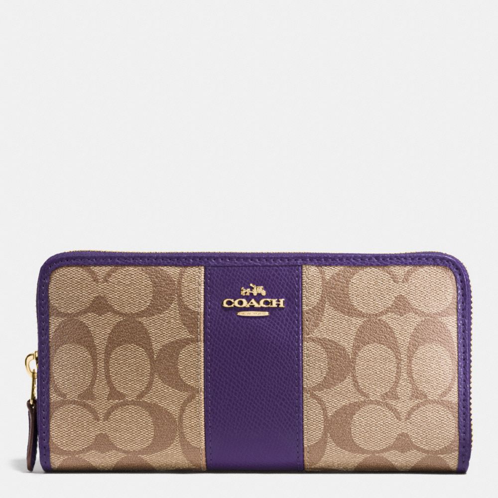 COACH F54630 Accordion Zip Wallet In Signature Coated Canvas With Leather Stripe IMITATION GOLD/KHAKI AUBERGINE