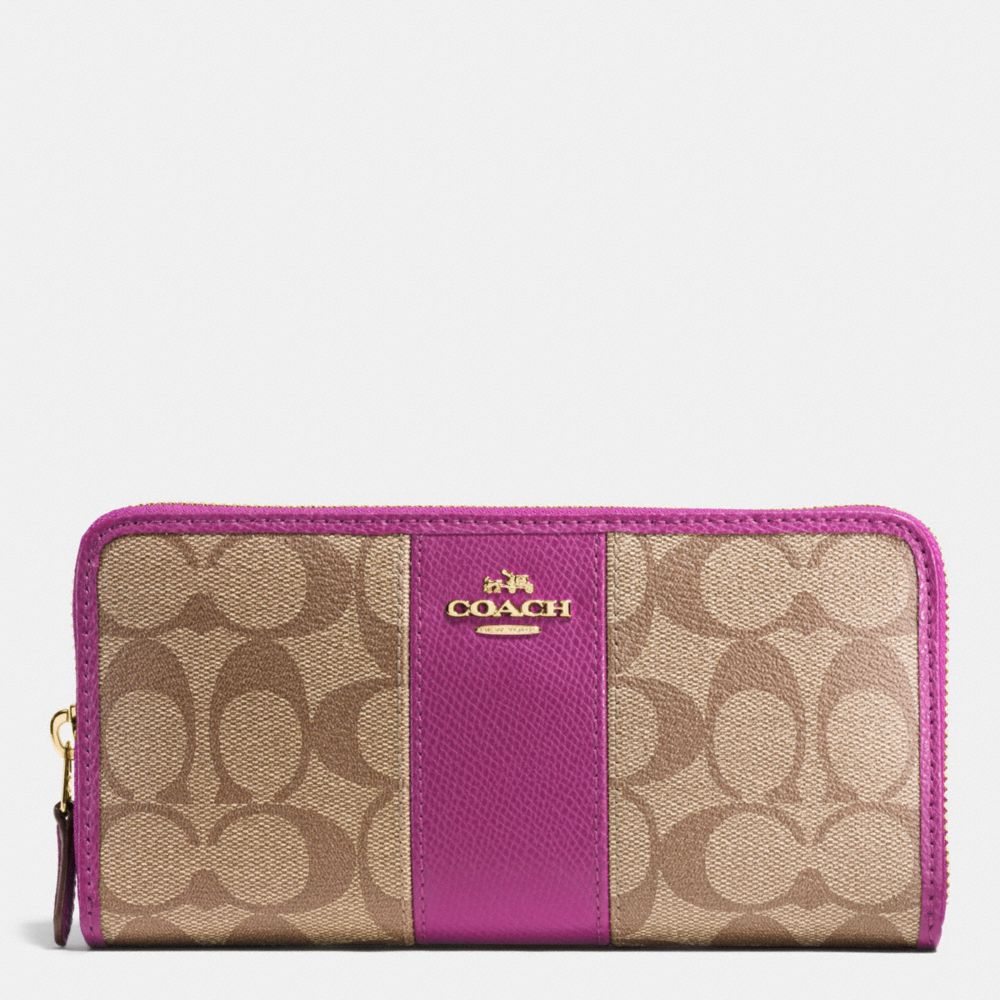 COACH F54630 Accordion Zip Wallet In Signature Coated Canvas With Leather Stripe IMITATION GOLD/KHAKI/HYACINTH