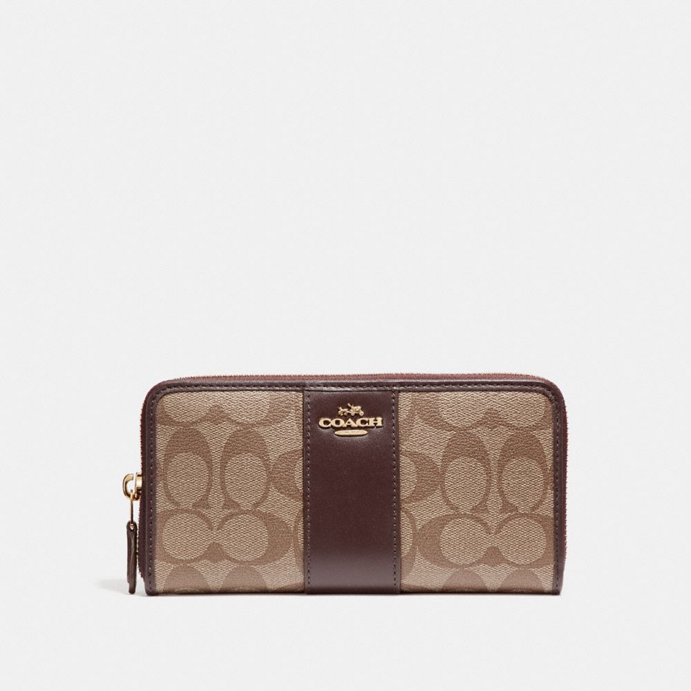 COACH F54630 ACCORDION ZIP WALLET IN SIGNATURE COATED CANVAS WITH LEATHER STRIPE LIGHT-GOLD/KHAKI