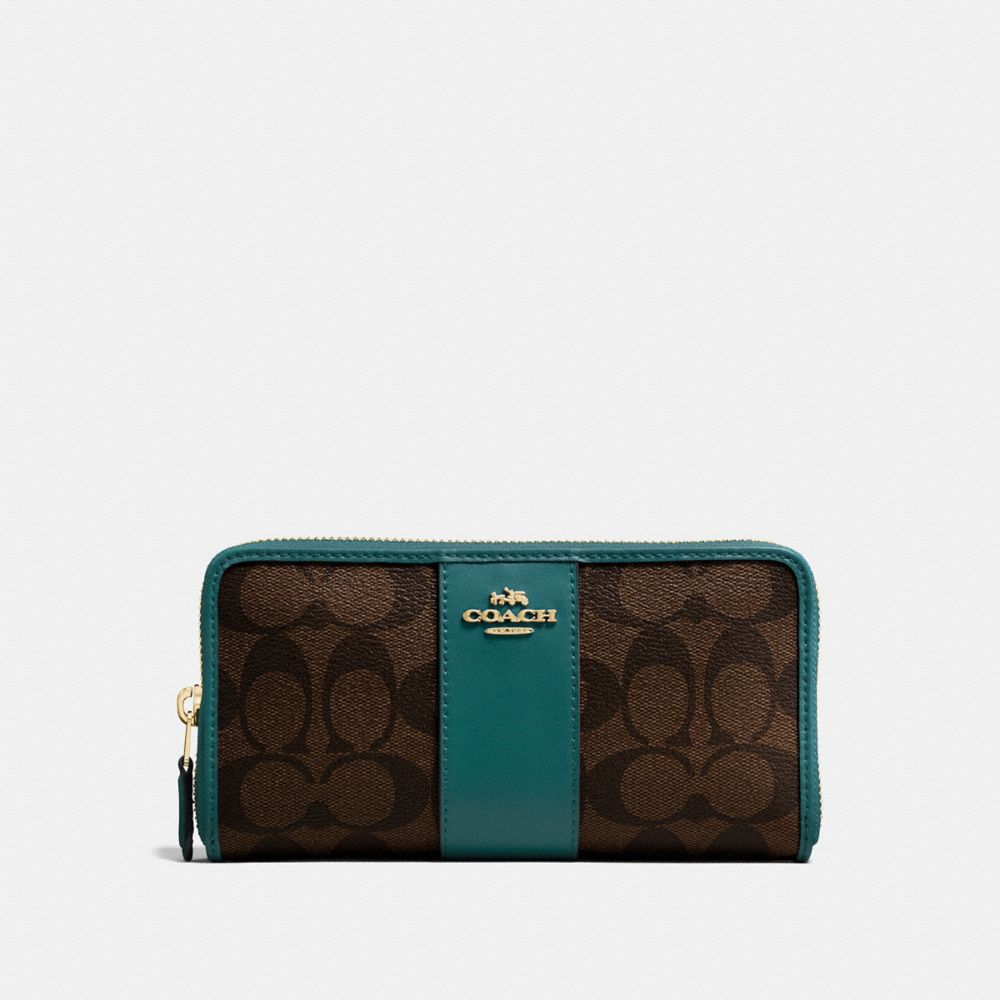COACH F54630 - ACCORDION ZIP WALLET IN SIGNATURE CANVAS BROWN/DARK TURQUOISE/LIGHT GOLD