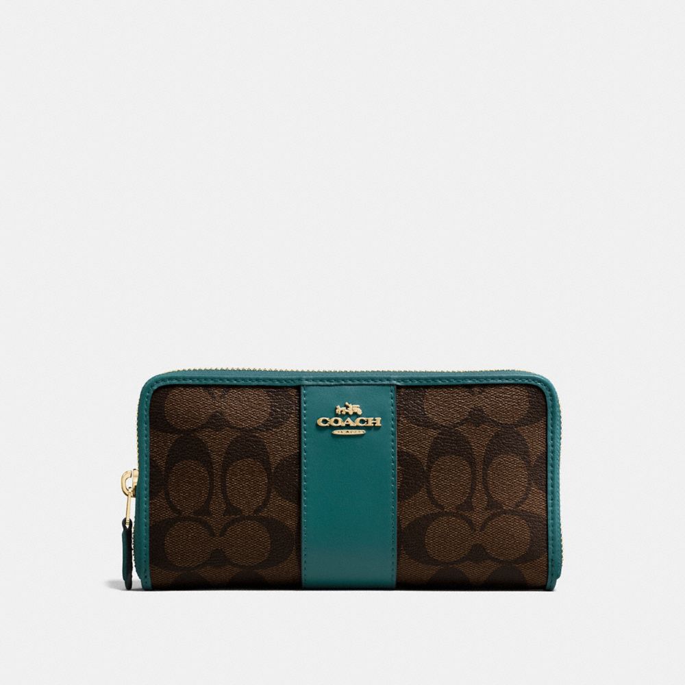 COACH F54630 ACCORDION ZIP WALLET IN SIGNATURE CANVAS BROWN/DARK TURQUOISE/LIGHT GOLD