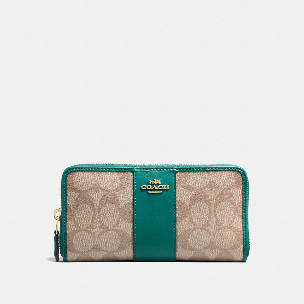 COACH ACCORDION ZIP WALLET IN SIGNATURE CANVAS - KHAKI/DARK TURQUOISE/LIGHT GOLD - F54630