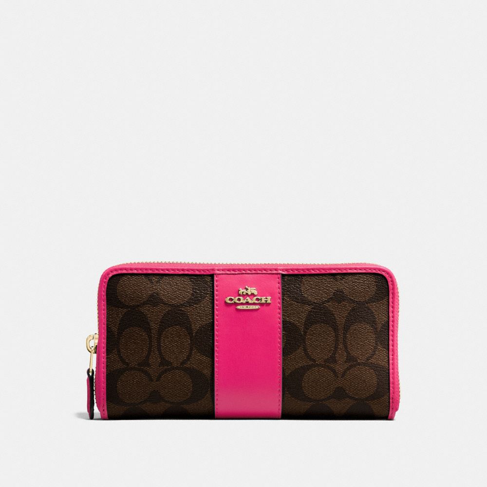 COACH F54630 - ACCORDION ZIP WALLET IN SIGNATURE CANVAS BROWN/NEON PINK/LIGHT GOLD