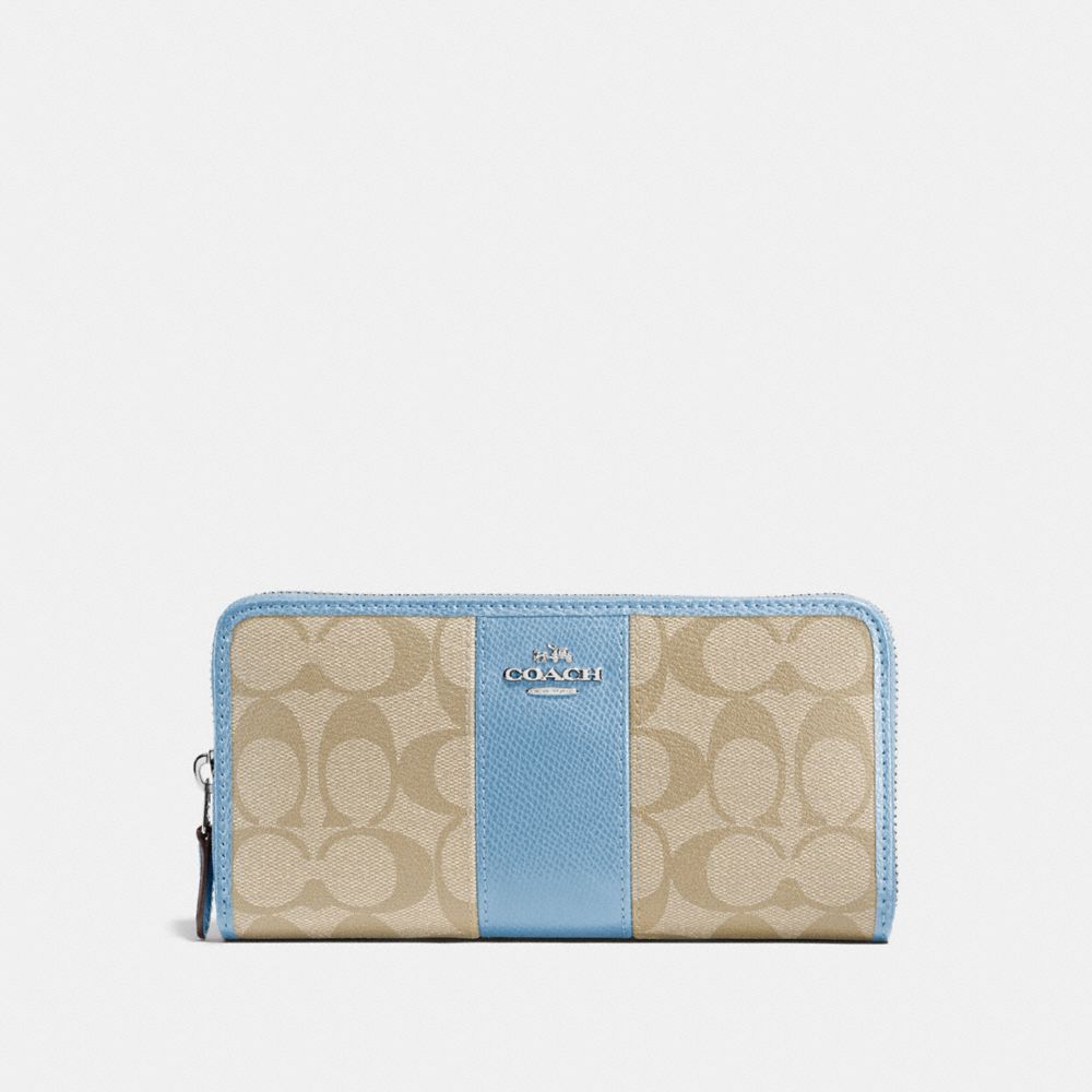 COACH ACCORDION ZIP WALLET IN SIGNATURE COATED CANVAS WITH LEATHER STRIPE - SILVER/LIGHT KHAKI/CORNFLOWER - f54630