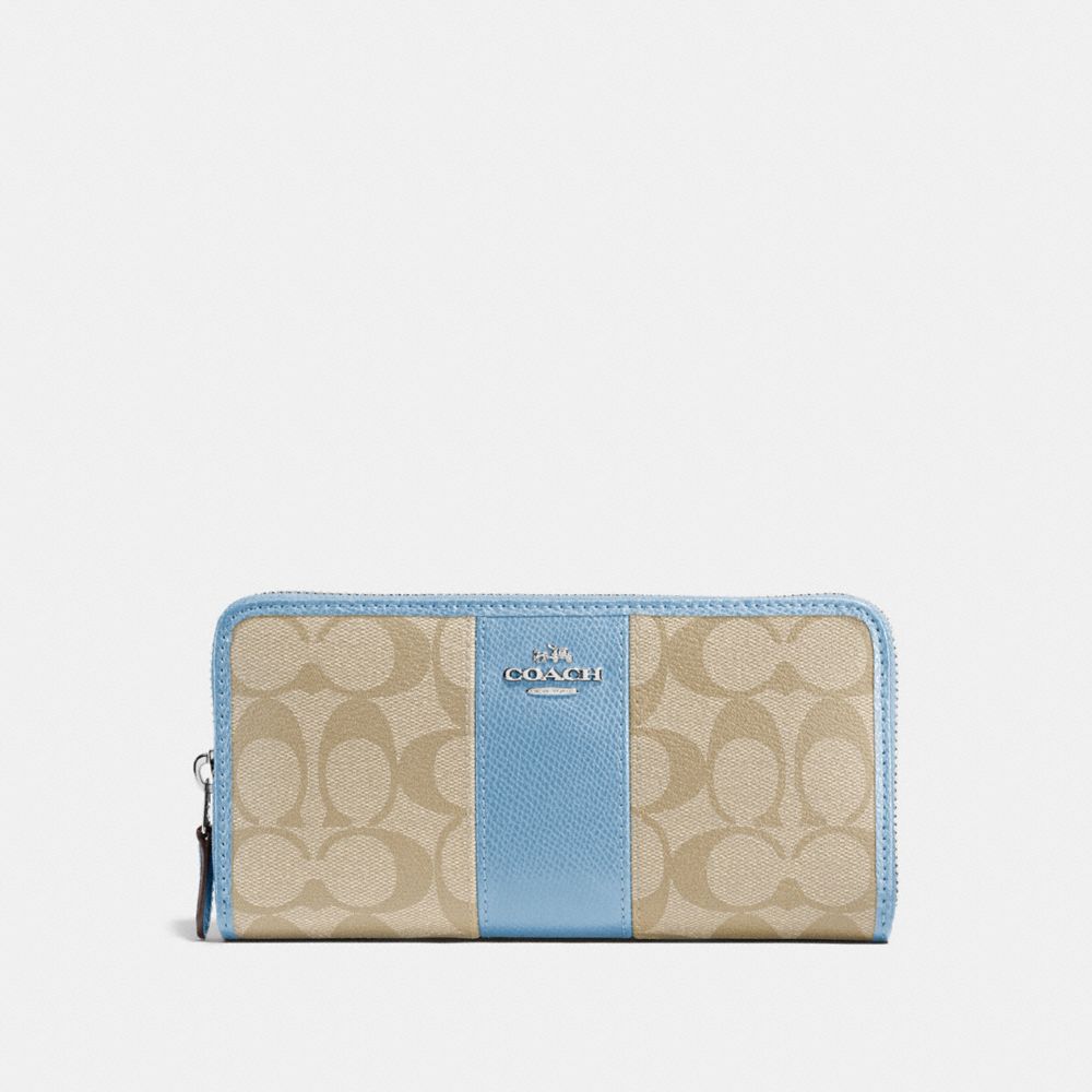 COACH F54630 - ACCORDION ZIP WALLET IN SIGNATURE COATED CANVAS WITH LEATHER STRIPE SILVER/LIGHT KHAKI/CORNFLOWER