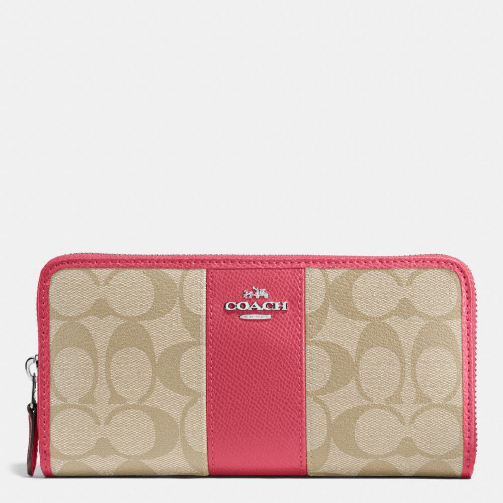 COACH ACCORDION ZIP WALLET IN SIGNATURE COATED CANVAS WITH LEATHER STRIPE - SILVER/LIGHT KHAKI/STRAWBERRY - f54630