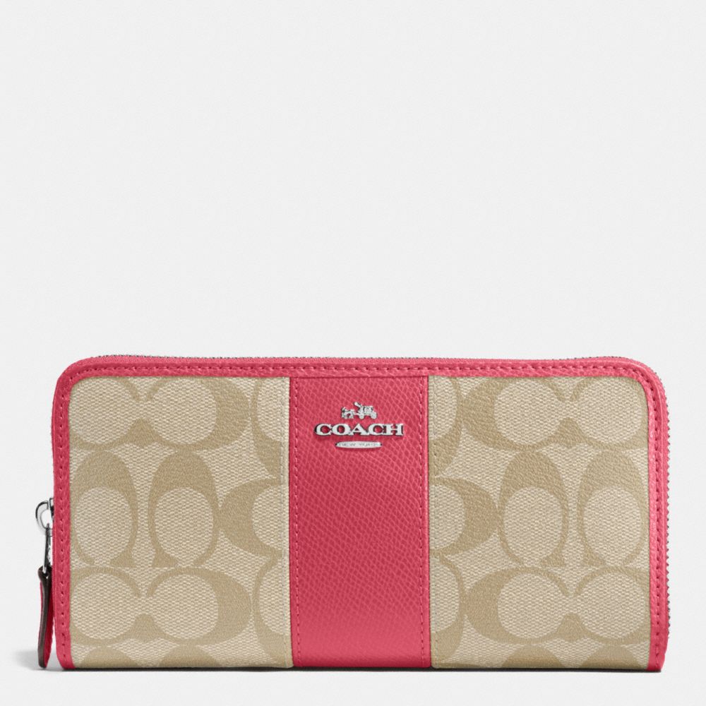 COACH f54630 ACCORDION ZIP WALLET IN SIGNATURE COATED CANVAS WITH LEATHER STRIPE SILVER/LIGHT KHAKI/STRAWBERRY