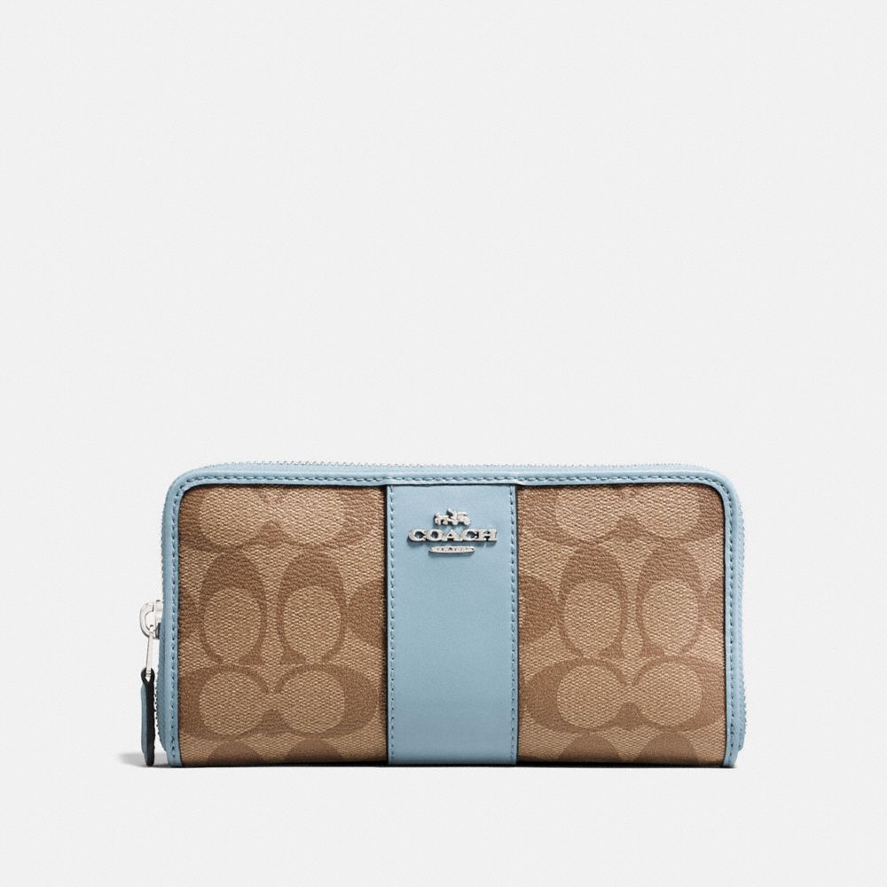 COACH f54630 ACCORDION ZIP WALLET IN SIGNATURE CANVAS khaki/pale blue/silver