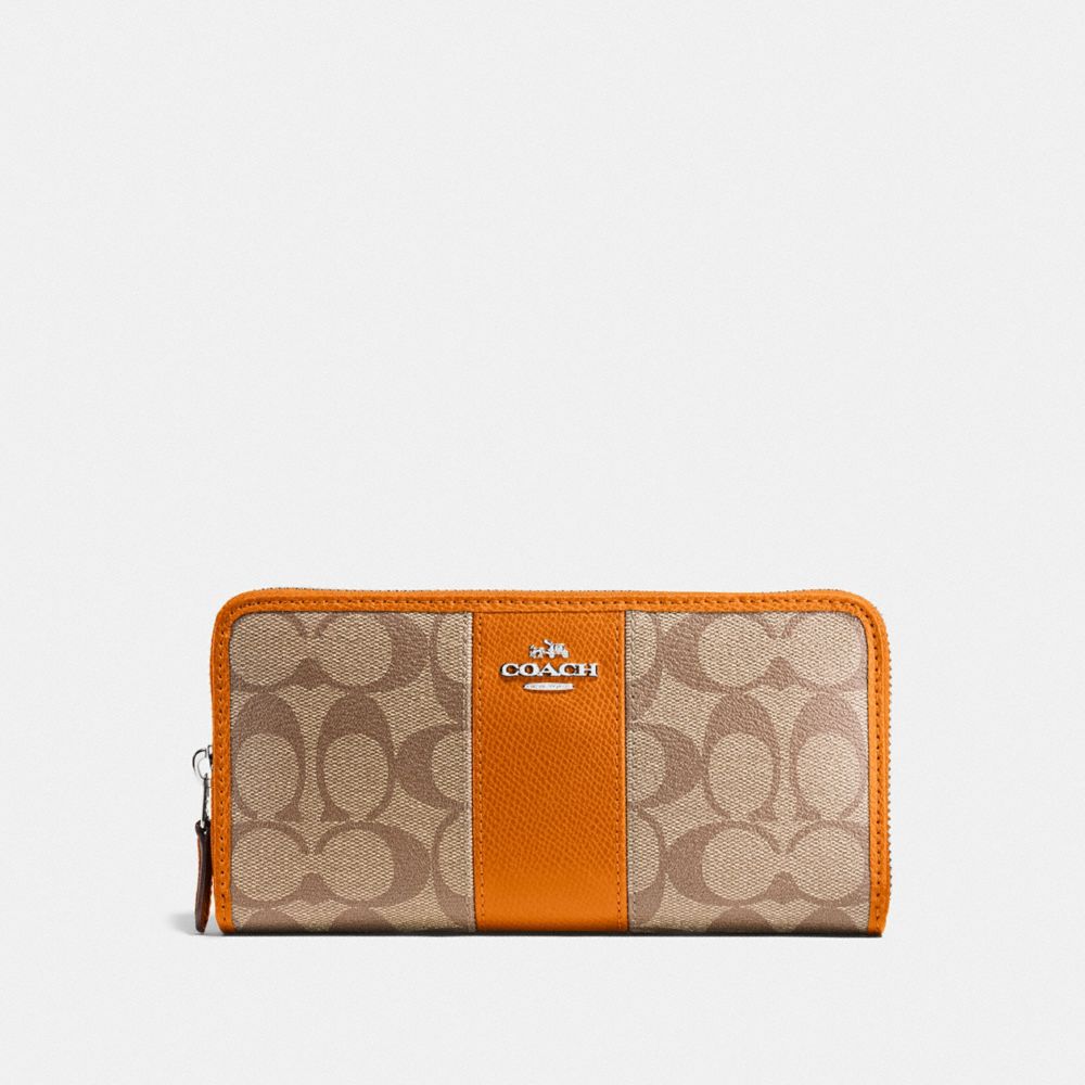 COACH F54630 ACCORDION ZIP WALLET IN SIGNATURE CANVAS KHAKI/DARK ORANGE/SILVER