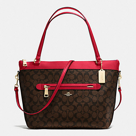 COACH f54690 TYLER TOTE IN SIGNATURE IMITATION GOLD/BROW TRUE RED