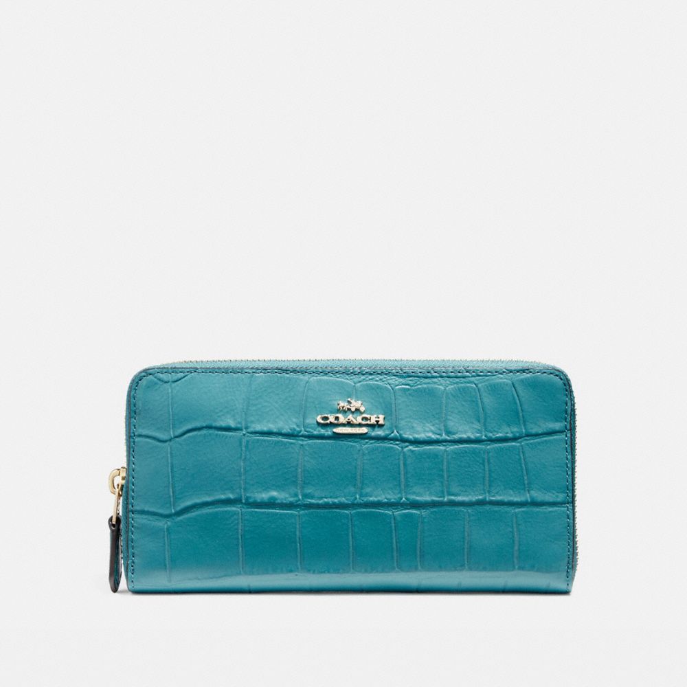 COACH ACCORDION ZIP WALLET IN CROCODILE EMBOSSED LEATHER - LIGHT GOLD/DARK TEAL - f54757