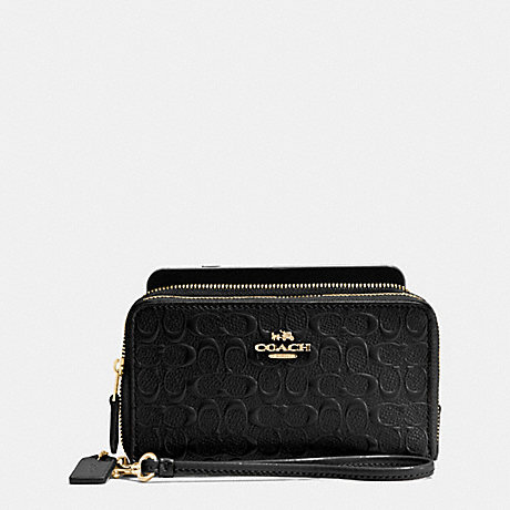 COACH f54808 DOUBLE ZIP PHONE WALLET IN SIGNATURE DEBOSSED PATENT LEATHER IMITATION GOLD/BLACK