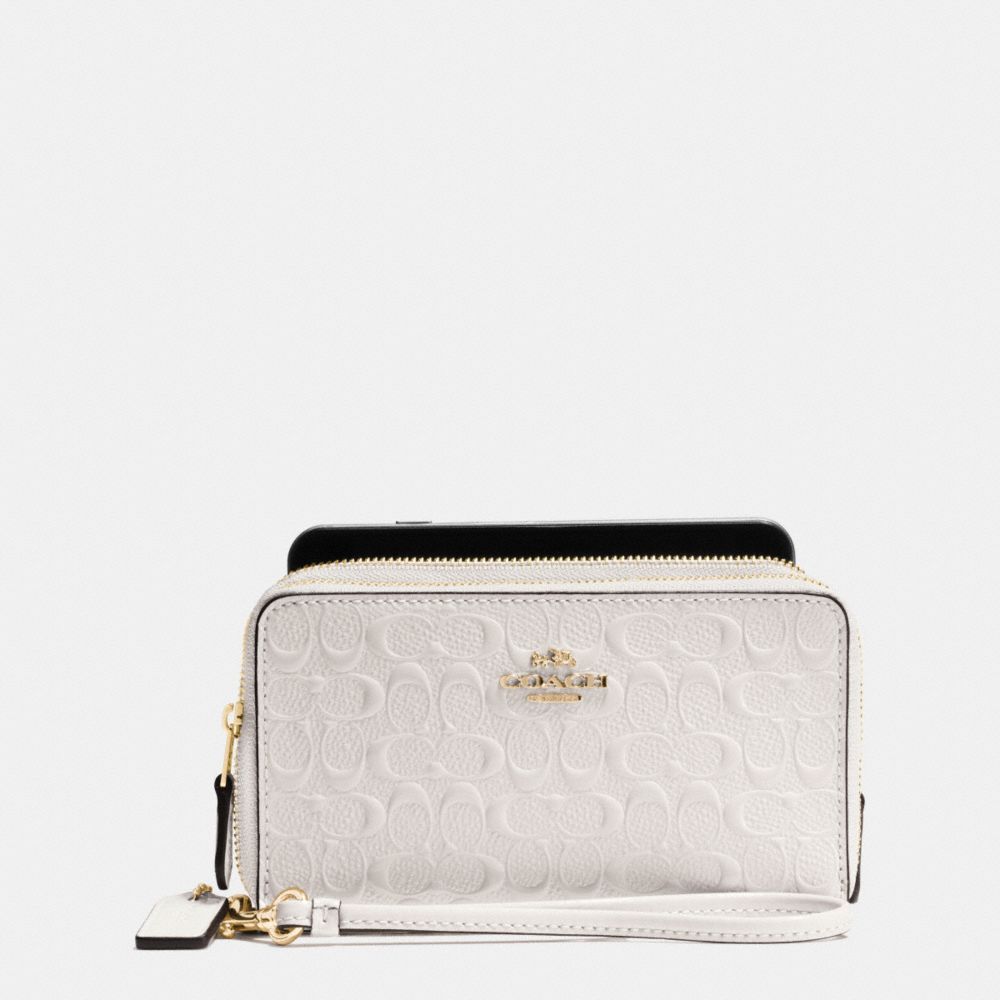 COACH F54808 Double Zip Phone Wallet In Signature Debossed Patent Leather IMITATION GOLD/CHALK