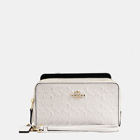 COACH f54808 DOUBLE ZIP PHONE WALLET IN SIGNATURE DEBOSSED PATENT LEATHER IMITATION GOLD/CHALK
