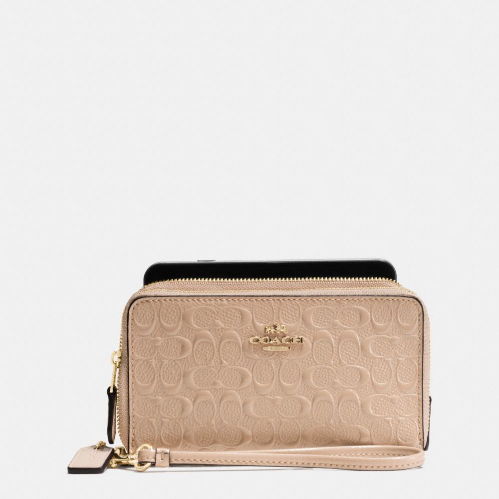 DOUBLE ZIP PHONE WALLET IN SIGNATURE DEBOSSED PATENT LEATHER - IMITATION GOLD/BEECHWOOD - COACH F54808