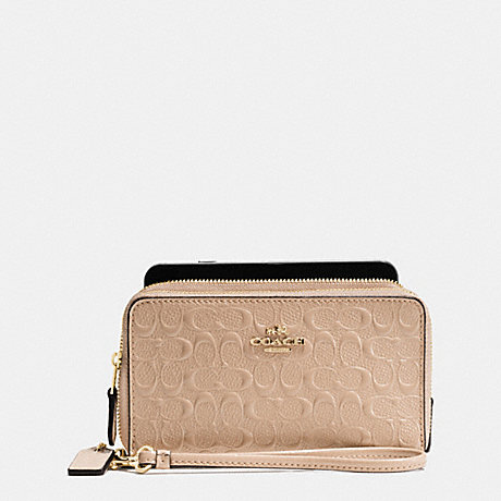 COACH f54808 DOUBLE ZIP PHONE WALLET IN SIGNATURE DEBOSSED PATENT LEATHER IMITATION GOLD/BEECHWOOD
