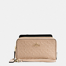 COACH DOUBLE ZIP PHONE WALLET IN SIGNATURE DEBOSSED PATENT LEATHER - IMITATION GOLD/BEECHWOOD - F54808