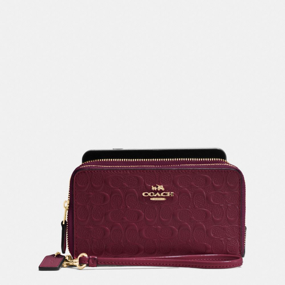 DOUBLE ZIP PHONE WALLET IN SIGNATURE DEBOSSED PATENT LEATHER - f54808 - IMITATION GOLD/OXBLOOD 1
