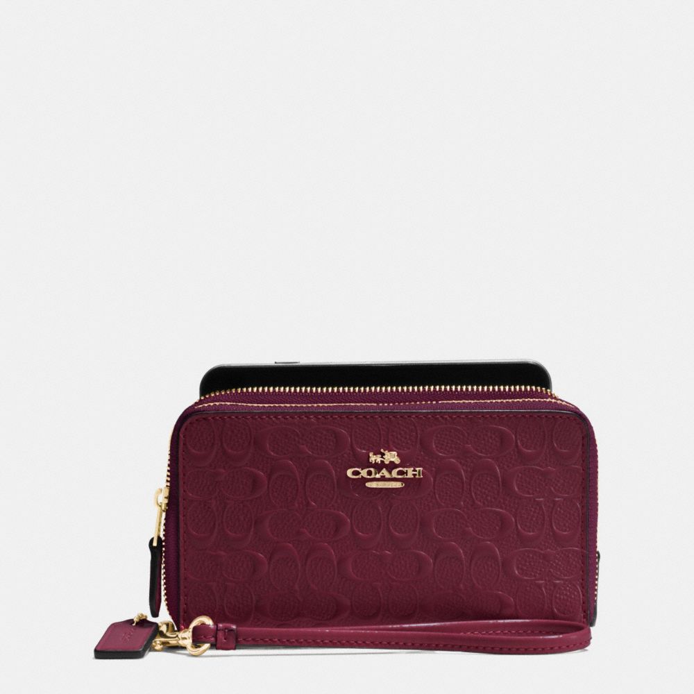 COACH F54808 Double Zip Phone Wallet In Signature Debossed Patent Leather IMITATION GOLD/OXBLOOD 1