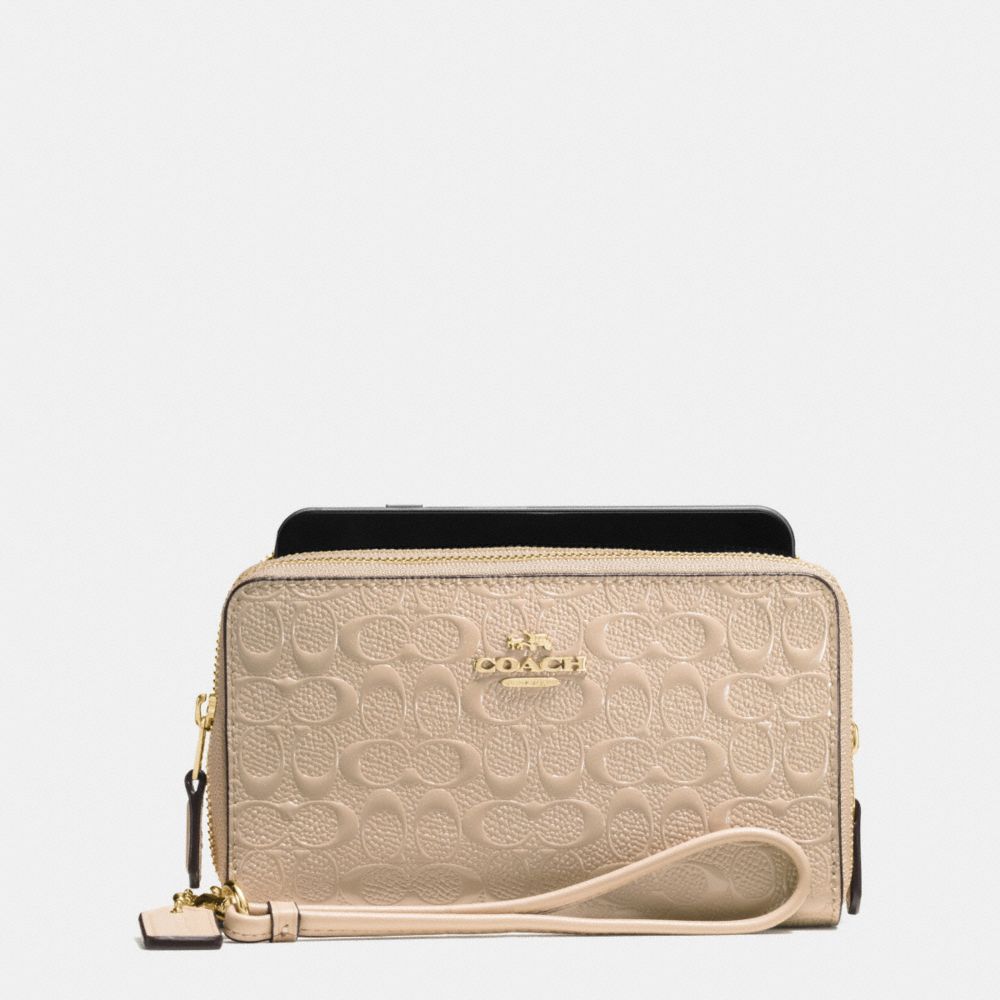 DOUBLE ZIP PHONE WALLET IN SIGNATURE DEBOSSED PATENT LEATHER - f54808 - IMITATION GOLD/PLATINUM