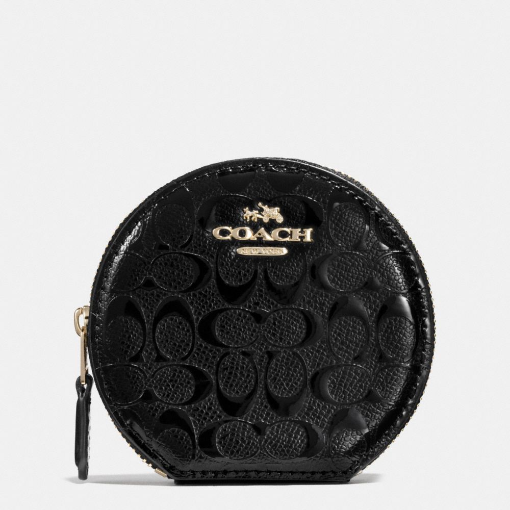 COACH f54840 ROUND COIN CASE IN SIGNATURE DEBOSSED PATENT LEATHER IMITATION GOLD/BLACK