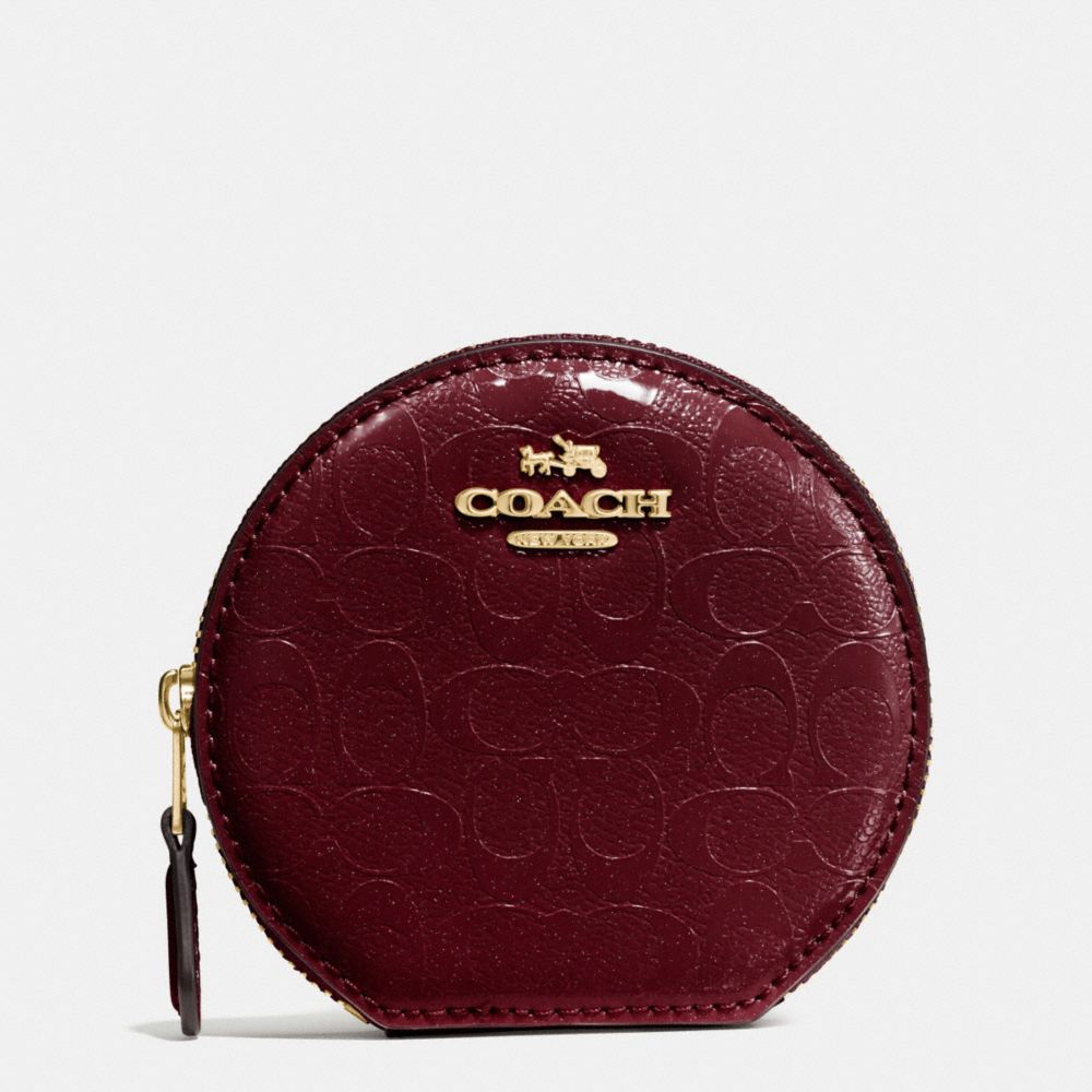 COACH ROUND COIN CASE IN SIGNATURE DEBOSSED PATENT LEATHER - IMITATION GOLD/OXBLOOD 1 - f54840