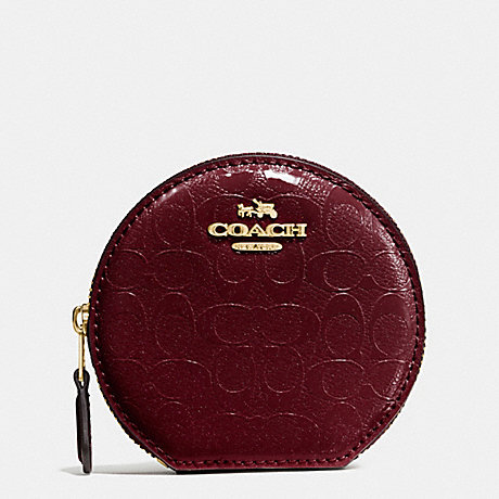 COACH f54840 ROUND COIN CASE IN SIGNATURE DEBOSSED PATENT LEATHER IMITATION GOLD/OXBLOOD 1
