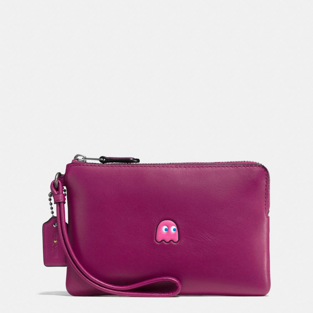 COACH PAC MAN CORNER ZIP WRISTLET IN CALF LEATHER - BLACK ANTIQUE NICKEL/FUCHSIA - f54841