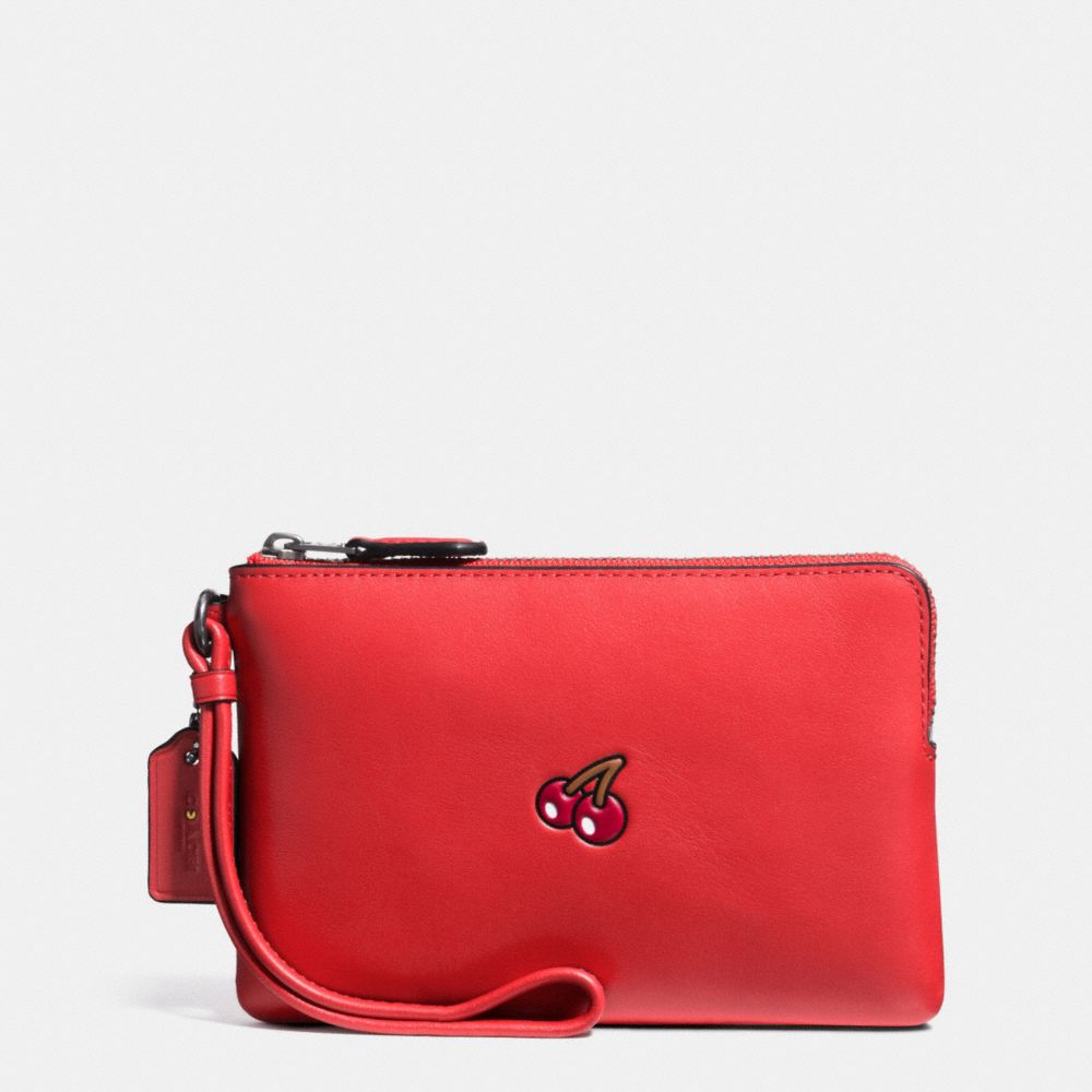 COACH F54841 PAC MAN CORNER ZIP WRISTLET IN CALF LEATHER BLACK-ANTIQUE/WATERMELON