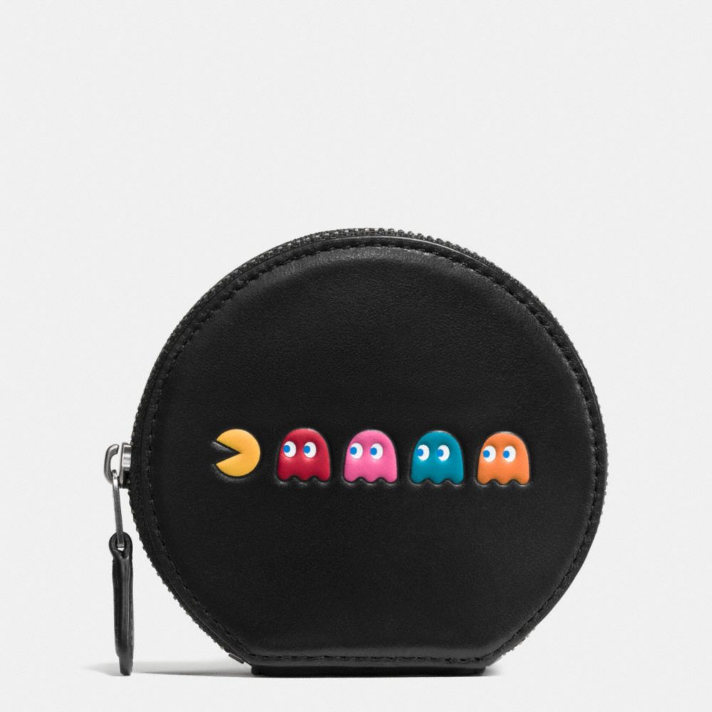COACH F54871 PAC MAN ROUND COIN CASE IN CALF LEATHER ANTIQUE-NICKEL/BLACK