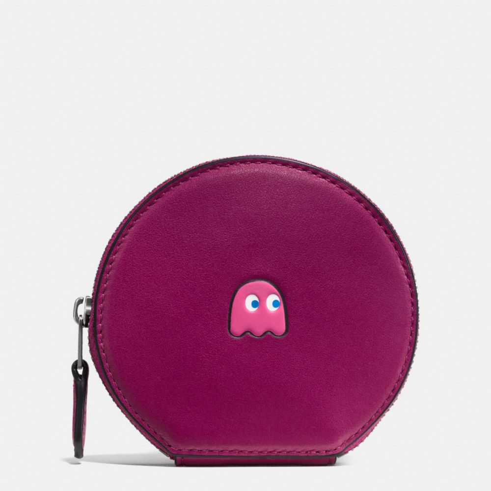 COACH F54871 PAC MAN ROUND COIN CASE IN CALF LEATHER BLACK-ANTIQUE-NICKEL/FUCHSIA