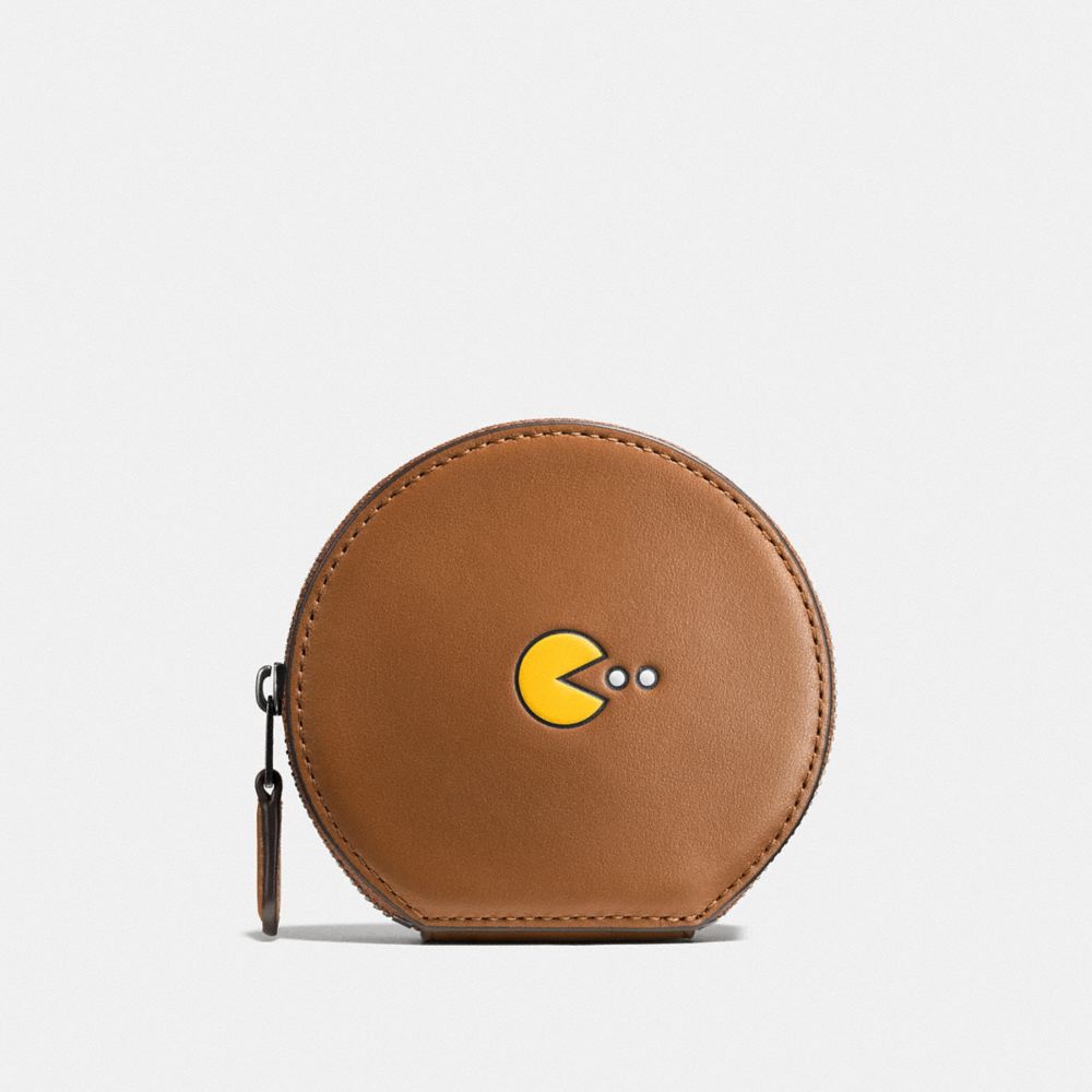 COACH F54871 PAC MAN ROUND COIN CASE IN CALF LEATHER ANTIQUE-NICKEL/SADDLE