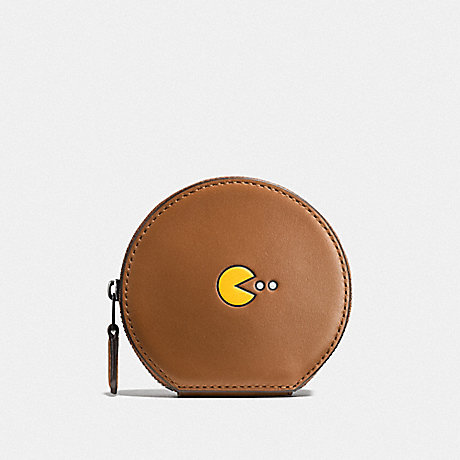 COACH F54871 PAC MAN ROUND COIN CASE IN CALF LEATHER ANTIQUE-NICKEL/SADDLE