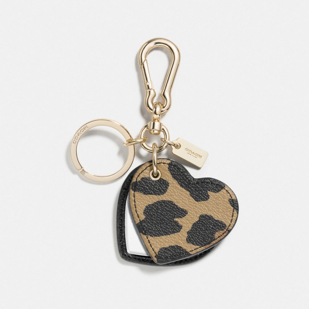 COACH f54917 LEATHER DEER PRINT MIRROR HEART BAG CHARM GOLD/WATERMELON