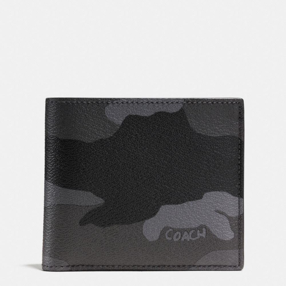 COACH f55160 DOULBE BILLFOLD WALLET IN CAMO PRINT COATED CANVAS FOG CAMO