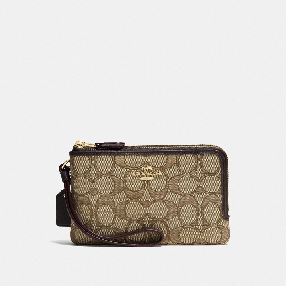 COACH F55361 - DOUBLE CORNER ZIP WRISTLET IN SIGNATURE JACQUARD LI/KHAKI/BROWN