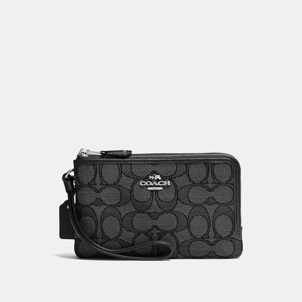 COACH DOUBLE CORNER ZIP WRISTLET IN SIGNATURE JACQUARD - SV/BLACK SMOKE/BLACK - F55361