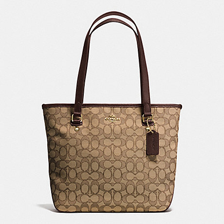 COACH f55364 ZIP TOP TOTE IN OUTLINE SIGNATURE IMITATION GOLD/KHAKI/BROWN