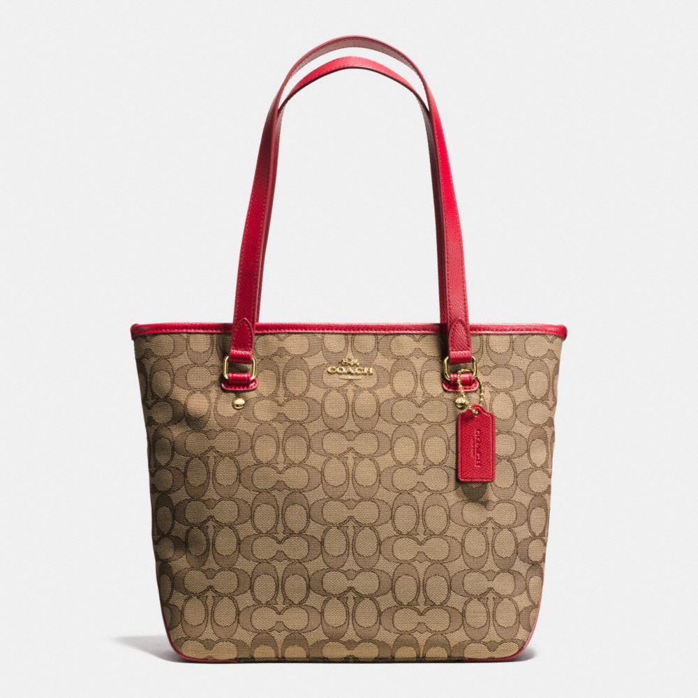 COACH F55364 ZIP TOP TOTE IN OUTLINE SIGNATURE IMITATION-GOLD/KHAKI/TRUE-RED