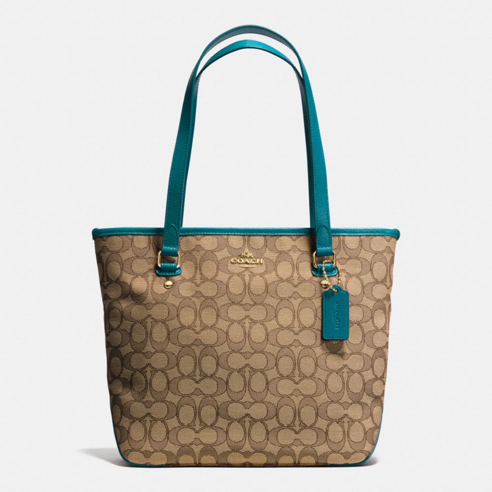 COACH f55364 ZIP TOP TOTE IN OUTLINE SIGNATURE IMITATION KHAKI/ATLANTIC