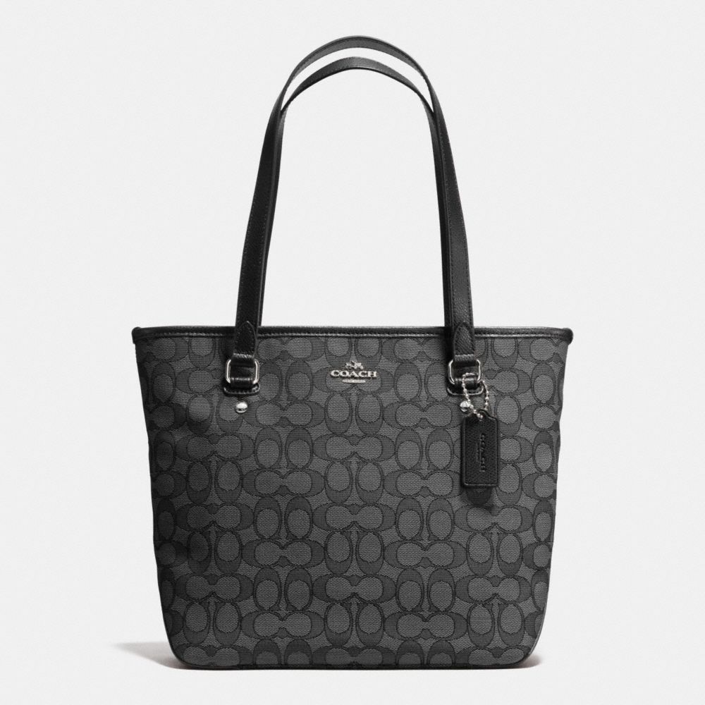 COACH ZIP TOP TOTE IN OUTLINE SIGNATURE - SILVER/BLACK SMOKE/BLACK - f55364