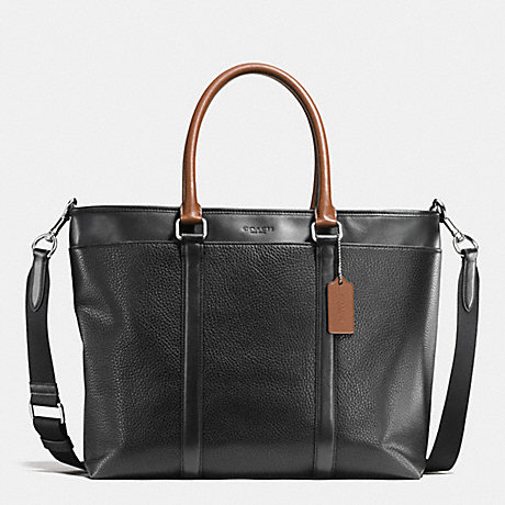 COACH f55410 PERRY BUSINESS TOTE IN PEBBLE LEATHER BLACK/DARK SADDLE