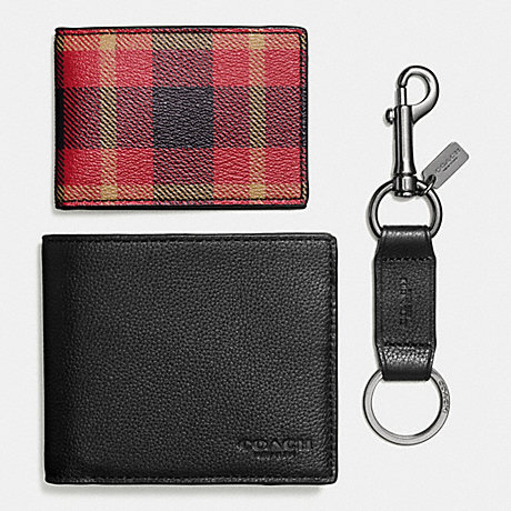 COACH BOXED 3-IN-1 WALLET IN RILEY PLAID COATED CANVAS - BLACK/RED PLAID BLACK - f55430