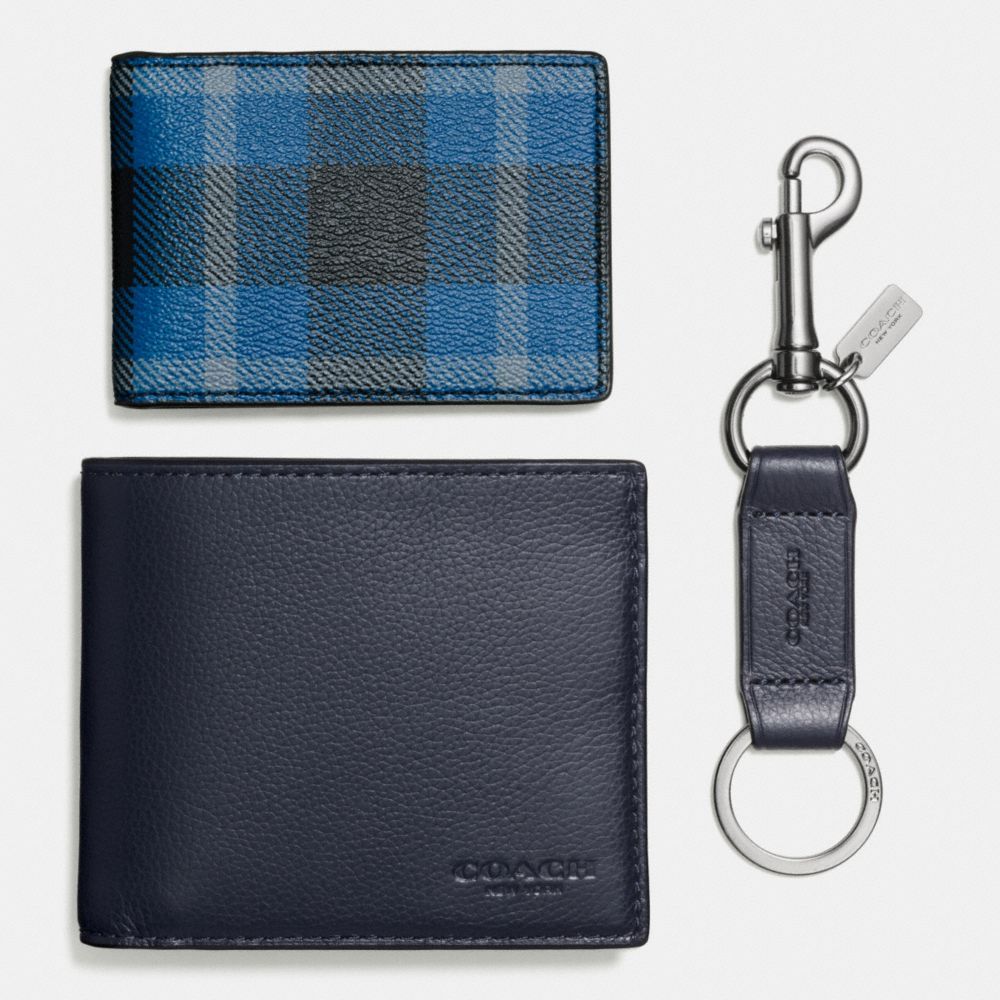 COACH f55430 BOXED 3-IN-1 WALLET IN RILEY PLAID COATED CANVAS BLACK/DENIM PLAID