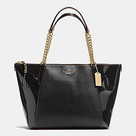 COACH f55443 AVA CHAIN TOTE IN PEBBLE AND PATENT LEATHERS IMITATION GOLD/BLACK