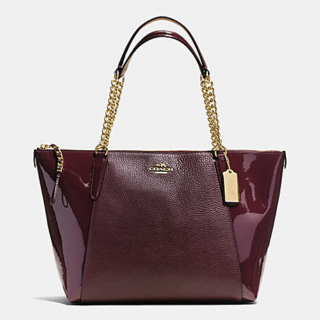 COACH f55443 AVA CHAIN TOTE IN PEBBLE AND PATENT LEATHERS IMITATION GOLD/OXBLOOD 1