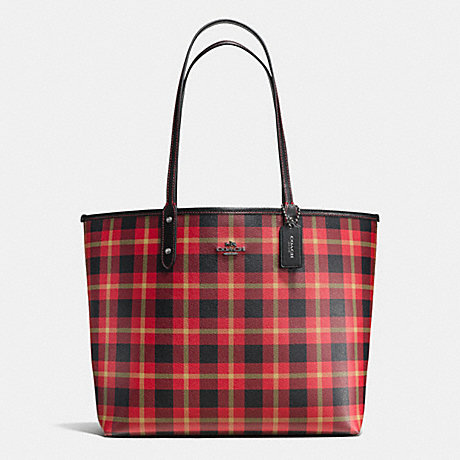COACH REVERSIBLE CITY TOTE IN RILEY PLAID COATED CANVAS - QB/True Red Multi - f55447